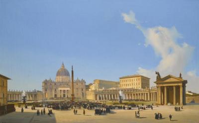 Rome, A View Of Saint Peter's Basilica And Square With Crowds Awaiting A Papal Audience Artwork by Ippolito Caffi