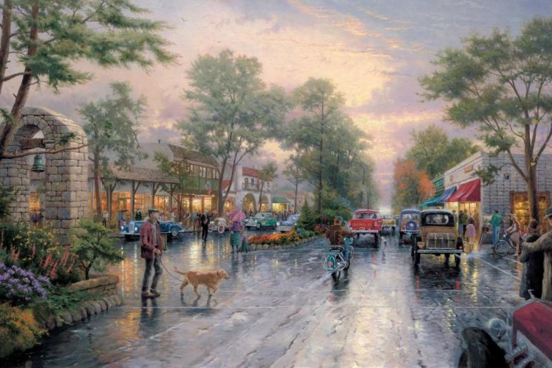Carmel Sunset On Ocean Avenue Artwork by Thomas Kinkade