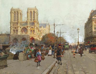 Notre Dame De Paris,vue Du Quai De Montebello Artwork by Eugene Galien-Laloue