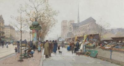 Bouquinistes On Le Quai De Tournelle,paris Artwork by Eugene Galien-Laloue