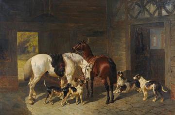 Hunters And Foxhounds In A Stable Interior Artwork by John Frederick Herring, Sr