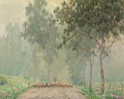 A Shepherd And His Flock In The Early Morning Mist Artwork by Granville Redmond