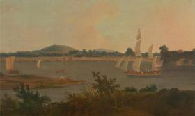 Pinnace sailing down the Ganges past Monghyr Fort Artwork by Thomas Daniell