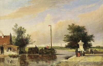 A River Landscape With Boats And Figures On A Quay Artwork by Jan Weissenbruch