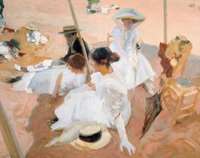 Under the awning, on the Beach at Zarauz Artwork by Joaquin Sorolla y Bastida