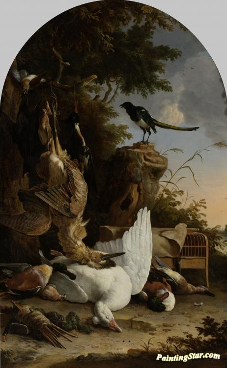 A Hunter's Bag near a Tree Stump with a Magpie, Known as The Contemplative Magpie Artwork by Melchior de Hondecoetter