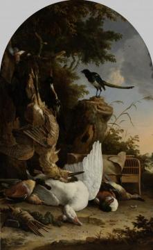 A Hunter's Bag near a Tree Stump with a Magpie, Known as The Contemplative Magpie Artwork by Melchior de Hondecoetter