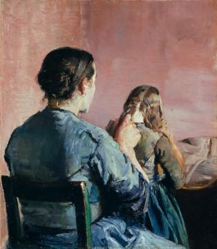 A mother plainting her little daughter's hair Artwork by Christian Krohg
