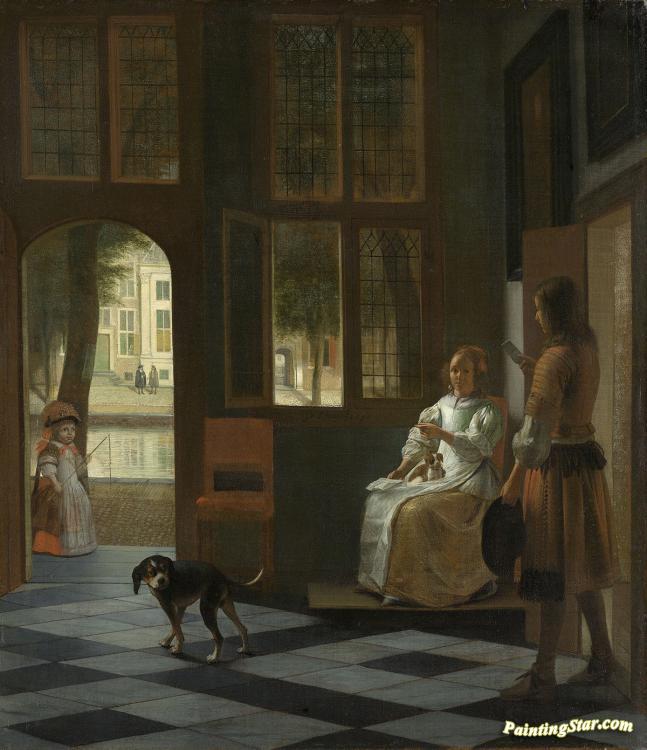 Man Handing a Letter to a Woman in the Entrance Hall of a House Artwork by Pieter de Hooch