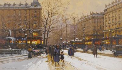 Boulevard Parisien,sous La Neige Artwork by Eugene Galien-Laloue