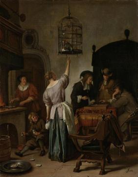Interior With A Woman Feeding A Parrot(the Parrot Cage) Artwork by Jan Steen