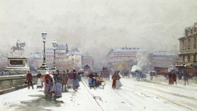 Animation Sur Le Pont Neuf Sous La Neige Artwork by Eugene Galien-Laloue