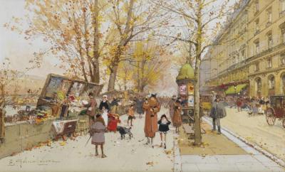 Bouquinistes, Quai Du Louvre,paris Artwork by Eugene Galien-Laloue