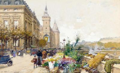 Le Marche Aux Fleurs Pres De La Conciergerie Artwork by Eugene Galien-Laloue