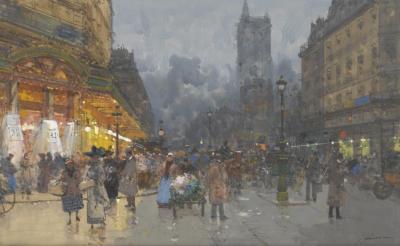 Paris,rue De Rivoli, Avec La Tour Saint Jacques Artwork by Eugene Galien-Laloue