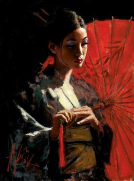 Michiko With Red Umbrella Artwork by Fabian Perez