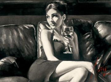 Tess On Leather Couch With Red Wine Artwork by Fabian Perez