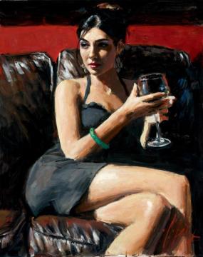 Tess On Leather Couch Artwork by Fabian Perez