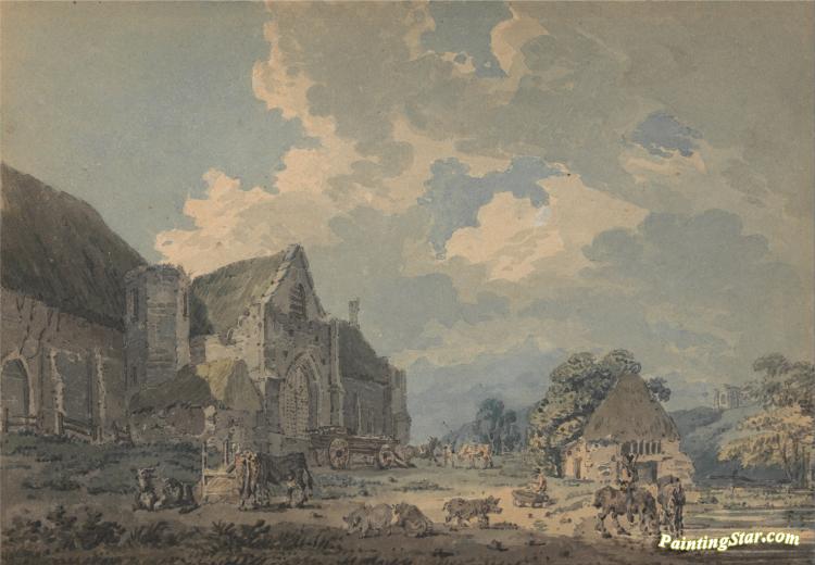 The Tithe Barn At Abbotsbury With The Abbey On The Hill Artwork by Thomas Girtin