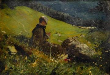 Girl In A Field Knitting(1879) Artwork by Hans Dahl