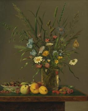 Flowers In A Glass Vase And An Arrangement Of Fruit Artwork by Anton Hartinger