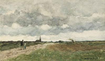 Figures On A Country Road, A Church In The Distance Artwork by Jan Weissenbruch