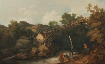 A View Near Matlock, Derbyshire With Figures Working Beneath A Wooden Conveyor Artwork by Philip James de Loutherbourg