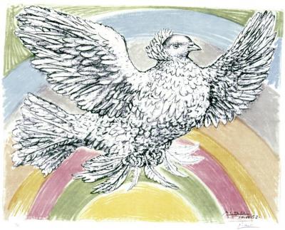 Flying Dove With Rainbow Background Artwork by Pablo Picasso