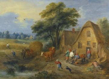 A Northern Landscape With Villagers Conversing And Harvesters Returning From The Fields,with A Farmer And A Dog Herding Two Cows Artwork by Théobald Michau