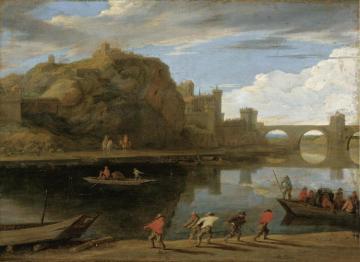 A River Landscape With A Ferry Before A Fortified Castle Artwork by Théobald Michau