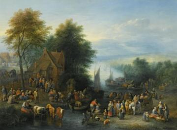 A River Landscape With Figures By A Ferry, Other Figures Seated On The Banks Of The River,with Their Cattle In The Water Artwork by Théobald Michau