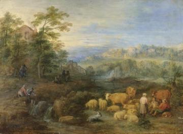 A Summer Landscape With Shepherds And Herdsmen Resting Their Sheep And Cattle By A Stream Artwork by Théobald Michau