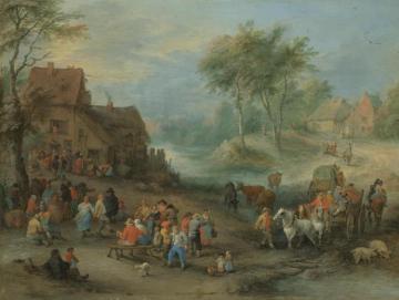 A Village Landscape With Figures Making Merry And Travellers Passing Through A Stream Artwork by Théobald Michau