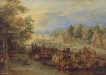 Fishermen Unloading Their Catch On A Riverbank Near A Village Artwork by Théobald Michau