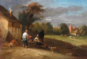 Follower Of Theobald Michau,a Landscape With Boors Smoking Outside A Cottage Artwork by Théobald Michau