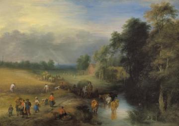 Landscape With Peasants Harvesting The Crop And A Herdsman Watering His Cows In A Passing Stream Artwork by Théobald Michau
