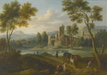 Travellers In A Cart,a Farmer With His Pigs,and Other Country Folk On A Road By A Castle Town Artwork by Théobald Michau