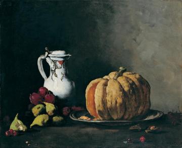 Still Life With Pumpkin,plums,cherries,figs And Jug Artwork by Theodule Ribot