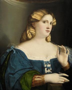 Young Woman In A Blue Dress,with Fan Artwork by Palma Vecchio