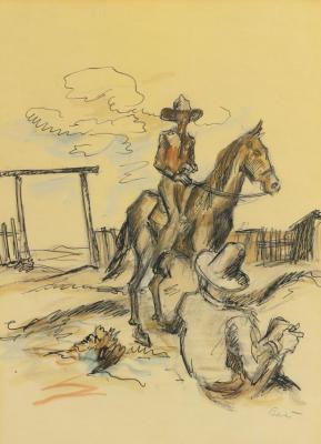 Two Cowboys Artwork by Thomas Hart Benton