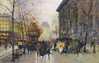 Le Marche Aux Fleurs,la Madeleine Artwork by Eugene Galien-Laloue