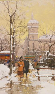La Place Du Chatelet Et La Conciergerie Sous La Neige Artwork by Eugene Galien-Laloue