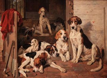 Foxhounds And Terrier In A Stable Interior, 1878 Artwork by John Emms