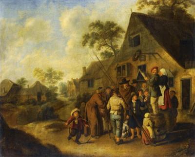 A Village Street With Villagers Gathered Around Two Figures Proclaiming The News On Barrels Outside An Inn Artwork by Jan Miense Molenaer