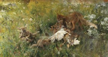 A Fox Family Artwork by Bruno Liljefors