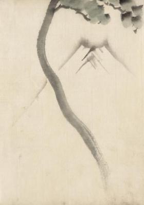 A Tree Trunk With Branch And Leaves In The Foreground,with View Of Mount Fuji In The Background Artwork by Katsushika Hokusai