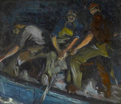 Three Fishermen Hauling In The Nets Artwork by Armin Hansen