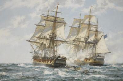 Fighting Frigates, The Nymphe And The Cleopatre Artwork by Montague Dawson