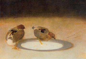 Two Chicks With A Tin Plate Artwork by Jan Mankes