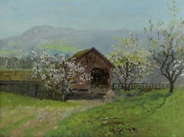 Barn With Flowering Trees Artwork by Theodore Wores